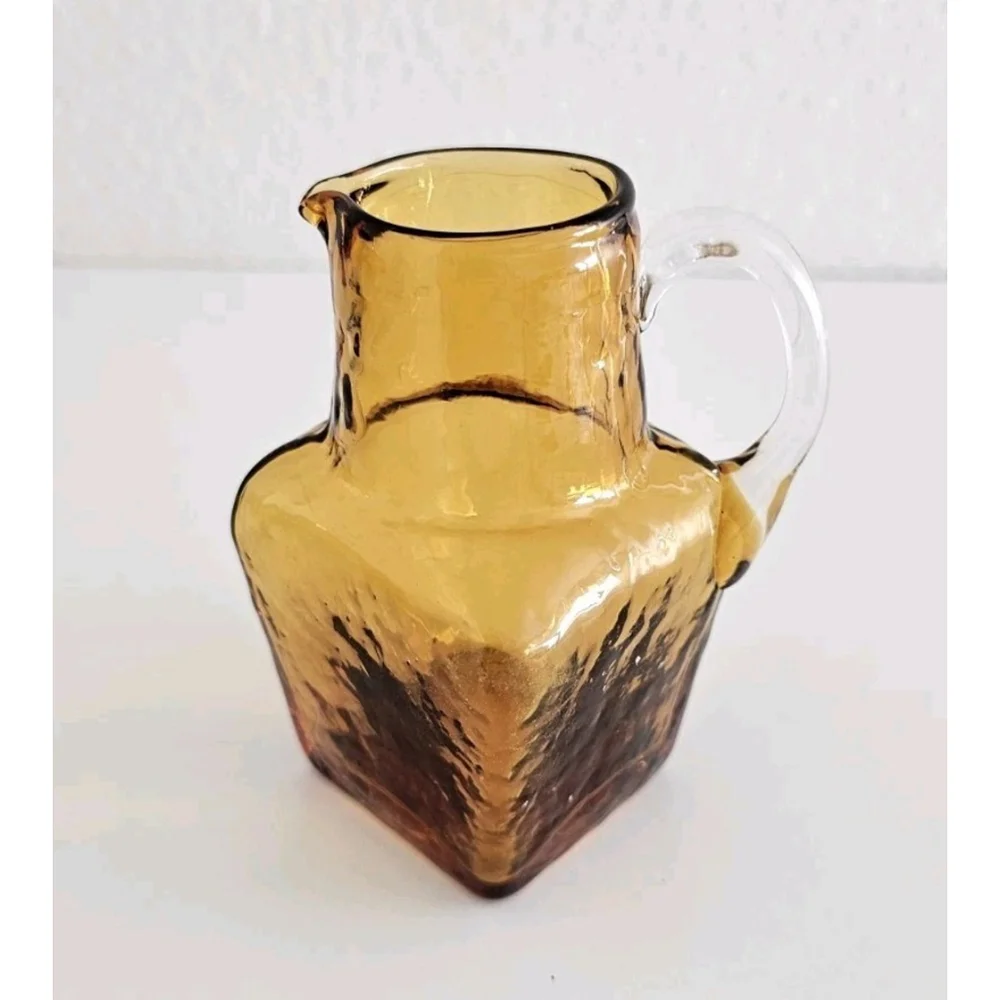 Vintage Hand-Blown Textured Small Amber Glass Pitcher Cute Adorable Decor
